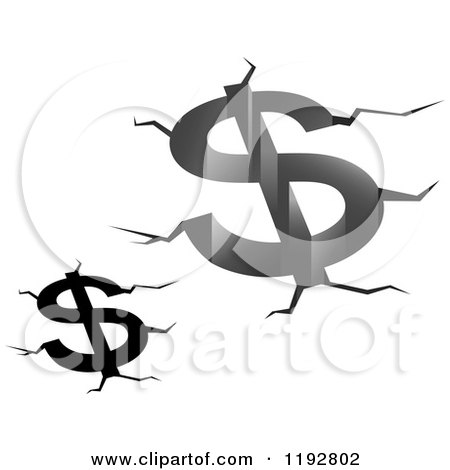 Clipart of Black and White and Grayscale Dollar Symbols Debt Fissures and Cracks - Royalty Free Vector Illustration by Vector Tradition SM