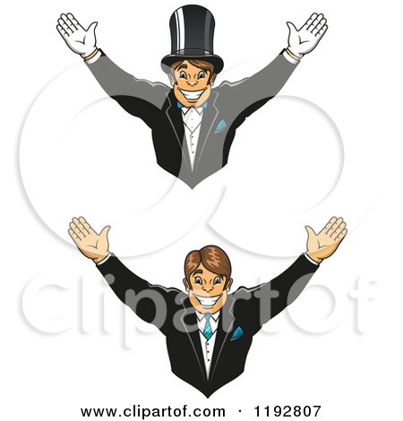 Clipart of a Cheering Happy Groom, Shown Wearing a Top Hat and Gloves and Without - Royalty Free Vector Illustration by Vector Tradition SM