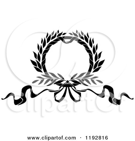 Clipart of a Black and White Laurel Wreath with a Bow and Ribbons 3 - Royalty Free Vector Illustration by Vector Tradition SM