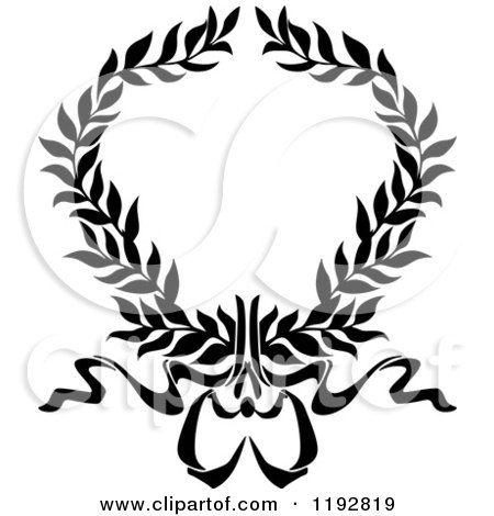 Clipart of a Black and White Laurel Wreath with a Bow and Ribbons 2 - Royalty Free Vector Illustration by Vector Tradition SM