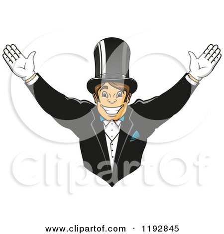 Clipart of a Cheering Happy Groom Wearing a Top Hat and Gloves - Royalty Free Vector Illustration by Vector Tradition SM