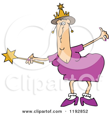 Cartoon of a Chubby Caucasian Fairy Godmother Bowing and Holding out a Magic Wand - Royalty Free Vector Clipart by djart