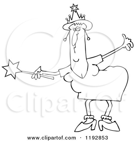 Cartoon of an Outlined Chubby Fairy Godmother Bowing and Holding out a Magic Wand - Royalty Free Vector Clipart by djart