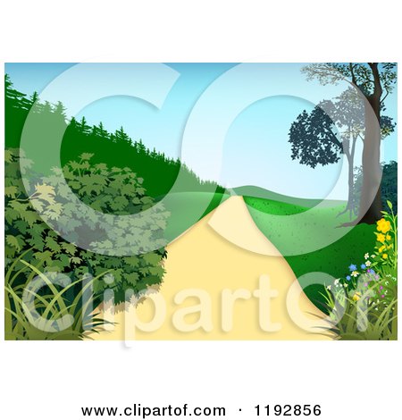Clipart of a Path with Shrubs Trees and Hills - Royalty Free Vector Illustration by dero