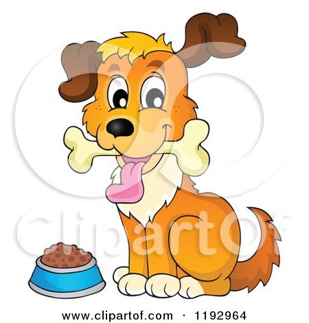 Cartoon of a Happy Dog with a Bone in Its Mouth by a Bowl - Royalty Free Vector Clipart by visekart