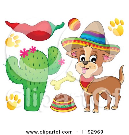 Cartoon of a Mexican Chihuahua Dog Wearing a Sombrero, with Supplies and a Pepper - Royalty Free Vector Clipart by visekart