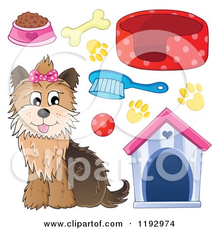 Cartoon of a Happy Yorkie Terrier Sitting, with a Pink Bow on Its Head - Royalty Free Vector Clipart by visekart