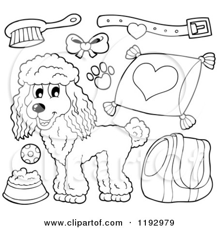 Cartoon of a Black and White Happy Poodle Dog and Supplies - Royalty Free Vector Clipart by visekart