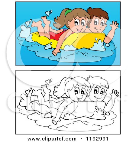 Cartoon of Happy Children Swimming on an Inflatable Mattress, in Color and Black and White - Royalty Free Vector Clipart by visekart