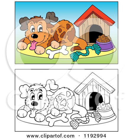Cartoon of a Happy Dog with Supplies by His House, in Color and Black and White - Royalty Free Vector Clipart by visekart