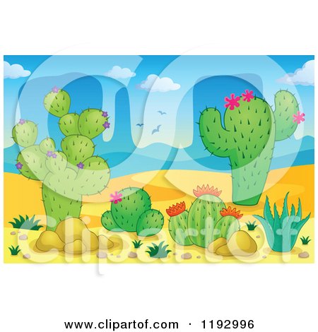 Cartoon of a Desert Landscape with Cacuts and Aloe Plants - Royalty Free Vector Clipart by visekart