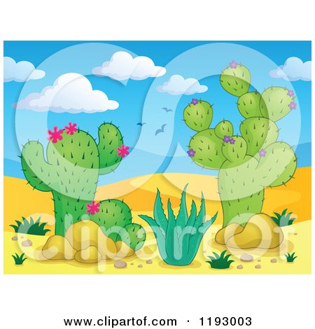 Cartoon of a Desert Landscape with Cacuts Plants - Royalty Free Vector Clipart by visekart
