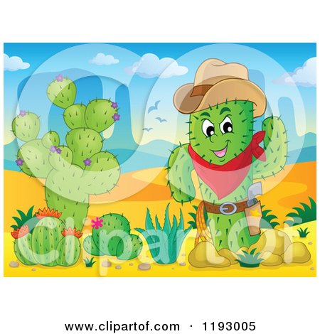Cartoon of a Sheriff Cacuts with Other Plants in the Desert - Royalty Free Vector Clipart by visekart