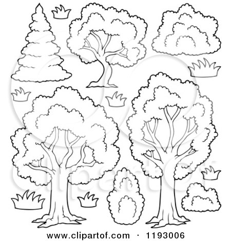 Cartoon of Outlined Lush Trees with Shrubs and Flowers - Royalty Free Vector Clipart by visekart
