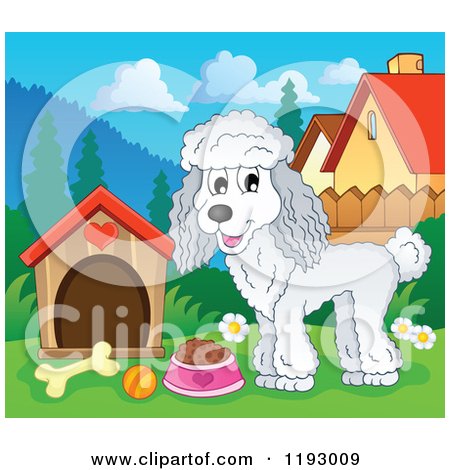 Cartoon of a Happy White Poodle with Food by a Dog House - Royalty Free Vector Clipart by visekart