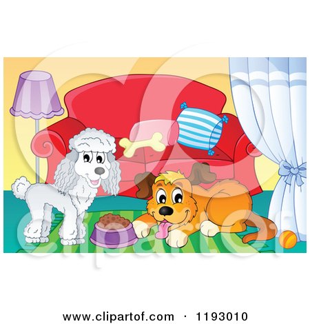 Cartoon of a Happy White Poodle and Brown Dog with Food in a Living Room - Royalty Free Vector Clipart by visekart