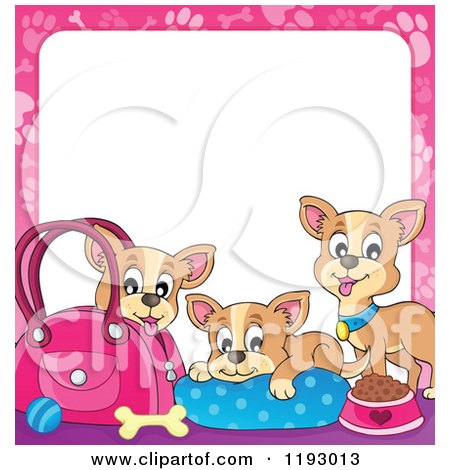Cartoon of Chihuahua Dogs with Supplies and a Pink Paw Print Frame Around White Copyspace - Royalty Free Vector Clipart by visekart