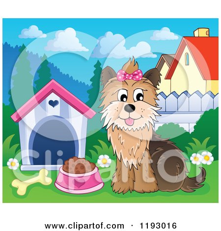 Cartoon of a Happy Yorkie Terrier Sittingby a Dog House with Food and a Bone - Royalty Free Vector Clipart by visekart