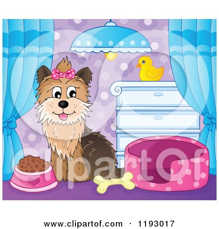 Cartoon of a Happy Yorkie Terrier Sitting in a Room with Food a Bed and Bone - Royalty Free Vector Clipart by visekart