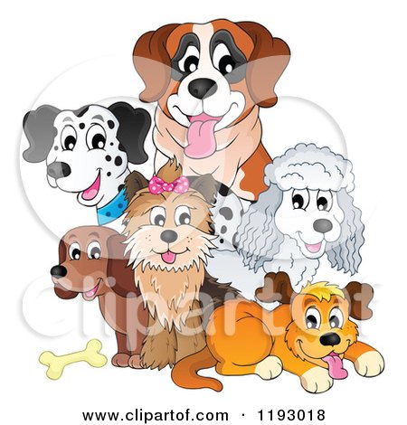 Cartoon of Happy Dogs and a Bone - Royalty Free Vector Clipart by visekart