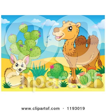 Cartoon of a Fox and Camel by Cactus Plants in a Desert - Royalty Free Vector Clipart by visekart