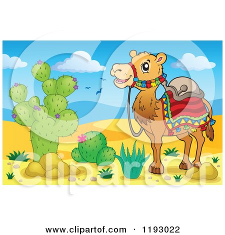 Cartoon of a Saddled Camel in a Desert - Royalty Free Vector Clipart by visekart