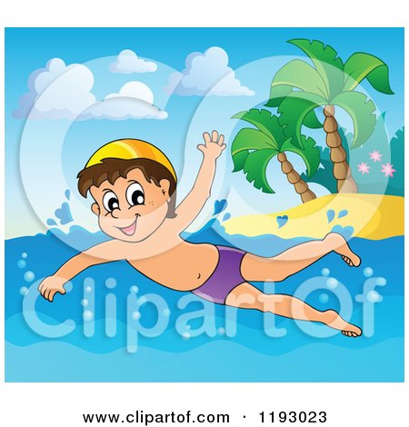 Cartoon of a Happy Boy Swimming near an Island Beach - Royalty Free Vector Clipart by visekart