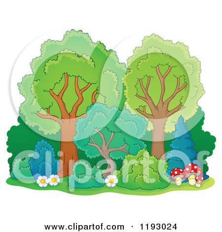 Cartoon of a Lush Trees with Shrubs Flowers and Mushrooms - Royalty Free Vector Clipart by visekart