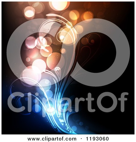 Clipart of Orbs and Colorful Lights with Floral Swirls on Black - Royalty Free Vector Illustration by TA Images
