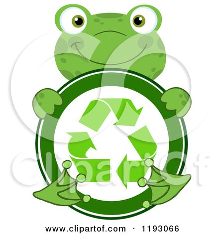 Cartoon of a Happy Green Frog Hugging a Recycle Symbol - Royalty Free Vector Clipart by Hit Toon