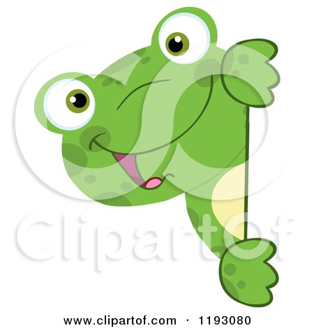 Cartoon of a Happy Green Frog Looking Around a Sign or Edge - Royalty Free Vector Clipart by Hit Toon