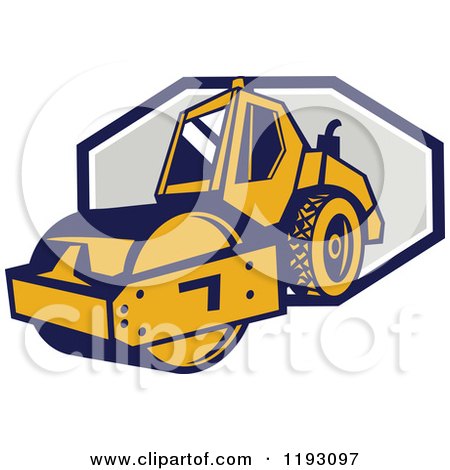 Clipart of a Retro Road Roller Tractor Emerging from an Octagon - Royalty Free Vector Illustration by patrimonio
