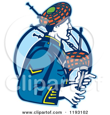 Clipart of a Retro Scotsman Playing Bagpipes over a Blue Circle - Royalty Free Vector Illustration by patrimonio