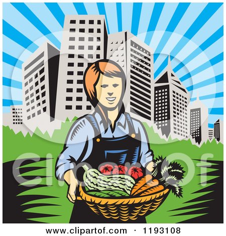 Clipart of a Woodcut Female Farmer with a Basket Full of Organic Produce near a City - Royalty Free Vector Illustration by patrimonio