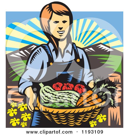 Clipart of a Woodcut Female Farmer with a Basket Full of Organic Produce - Royalty Free Vector Illustration by patrimonio