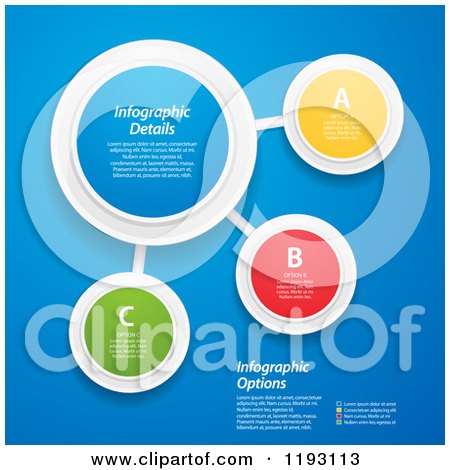 Clipart of Colorful Infographic Networked Circles with Sample Text over Blue - Vector File and Experience Recommended - Royalty Free Vector Illustration by elaineitalia