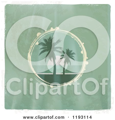 Clipart of a Circular Scene of a Tropical Ocean Sunset with Palm Trees on Distressed Green Wood, with a White Border - Royalty Free Vector Illustration by elaineitalia