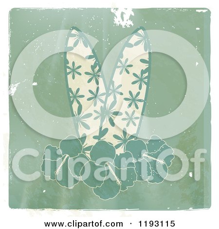 Clipart of Tropical Surfboards and Hibiscus Flowers on Distressed Wood, with a White Border - Royalty Free Vector Illustration by elaineitalia
