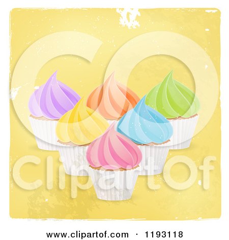 Clipart of Colorfully Frosted Cupcakes over Distressed Yellow with a White Border - Royalty Free Vector Illustration by elaineitalia