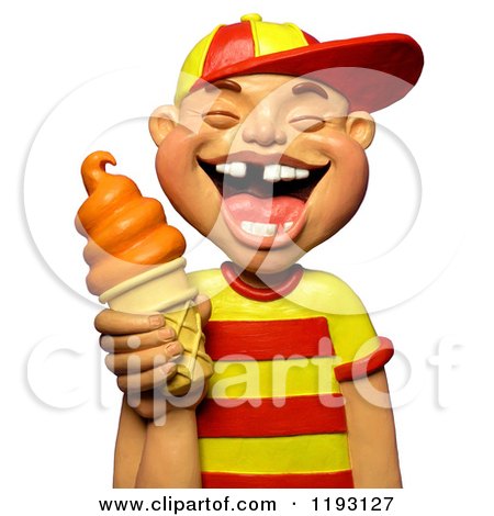 Clipart of a 3d Laughing Boy with Missing Teeth, Holding an Orange Ice Cream Cone - Royalty Free CGI Illustration by Amy Vangsgard