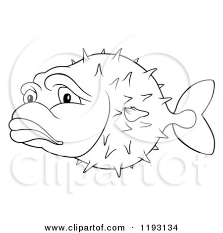 Cartoon of an Outlined Sad Puffer Fish - Royalty Free Vector Clipart by dero