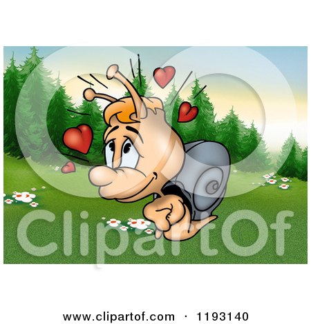 Clipart of a Cute Snail with Hearts in a Meadow - Royalty Free Illustration by dero