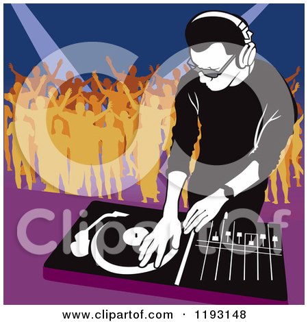 Clipart of a Dj Mixing a Record and Silhouetted Dancers - Royalty Free Vector Illustration by dero