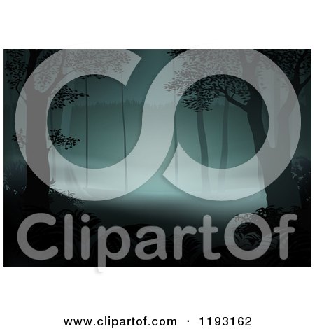 Clipart of a Foggy Forest at Meadow at Night - Royalty Free Vector Illustration by dero