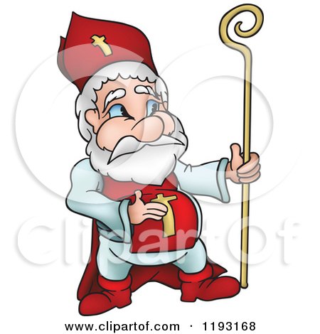 Cartoon of Saint Nicholas Holding His Belly and a Staff - Royalty Free Vector Clipart by dero