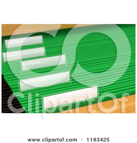 Clipart of 3d Blank Labels on Hanging Green File Folders in a Cabinet - Royalty Free CGI Illustration by stockillustrations