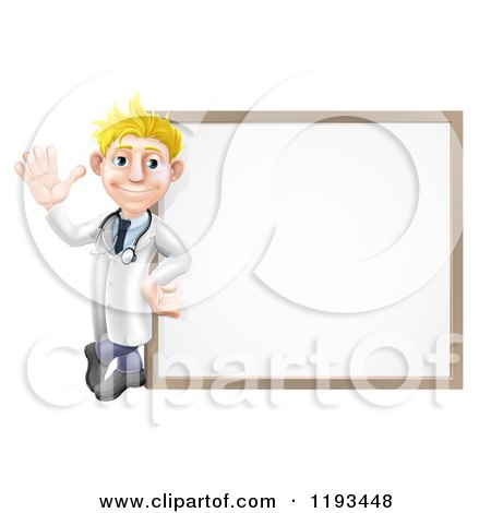 Cartoon of a Friendly Blond Male Doctor Waving and Leaning Against a White Board - Royalty Free Vector Clipart by AtStockIllustration