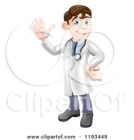 Cartoon of a Friendly Brunette Male Doctor Waving - Royalty Free Vector Clipart by AtStockIllustration