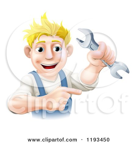 Cartoon of a Happy Blond Worker Man Holding a Wrench and Pointing - Royalty Free Vector Clipart by AtStockIllustration