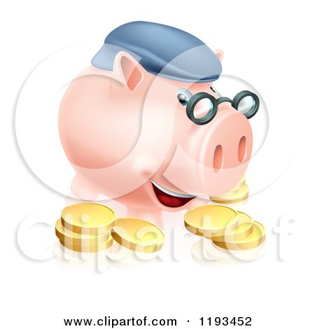 Cartoon of a Pension Piggy Bank with Glasses a Hat and Gold Coins - Royalty Free Vector Clipart by AtStockIllustration